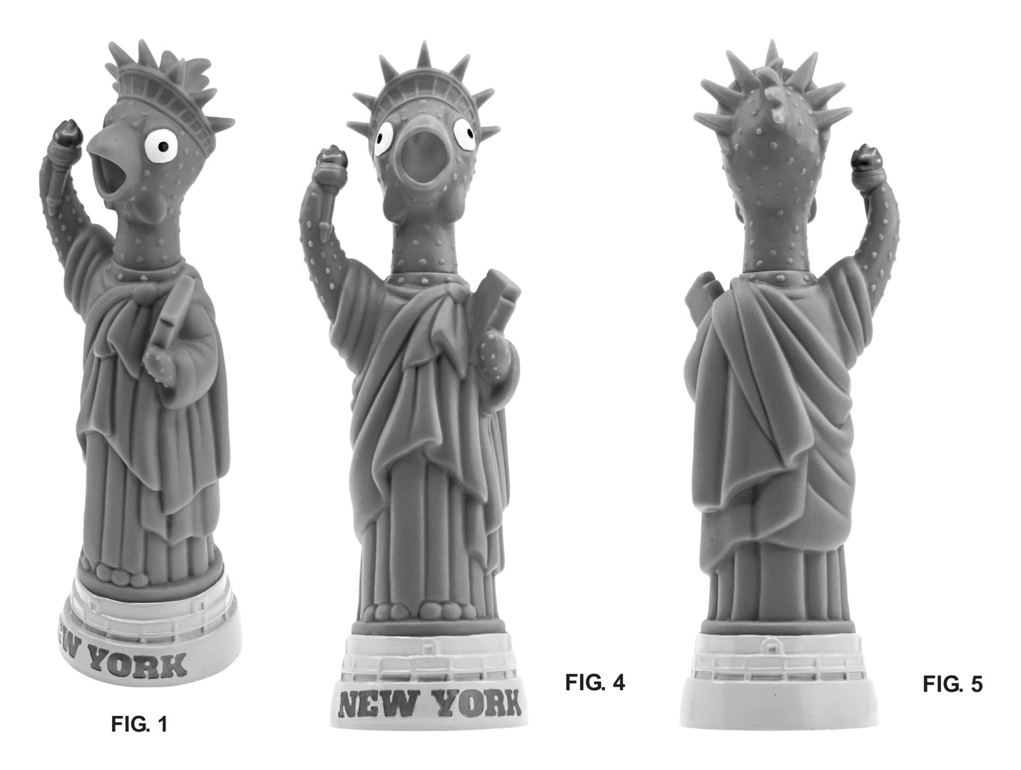 Design patent disclosed with photographs: front-perspective, front, and rear views of a novelty figurine against a plain white background