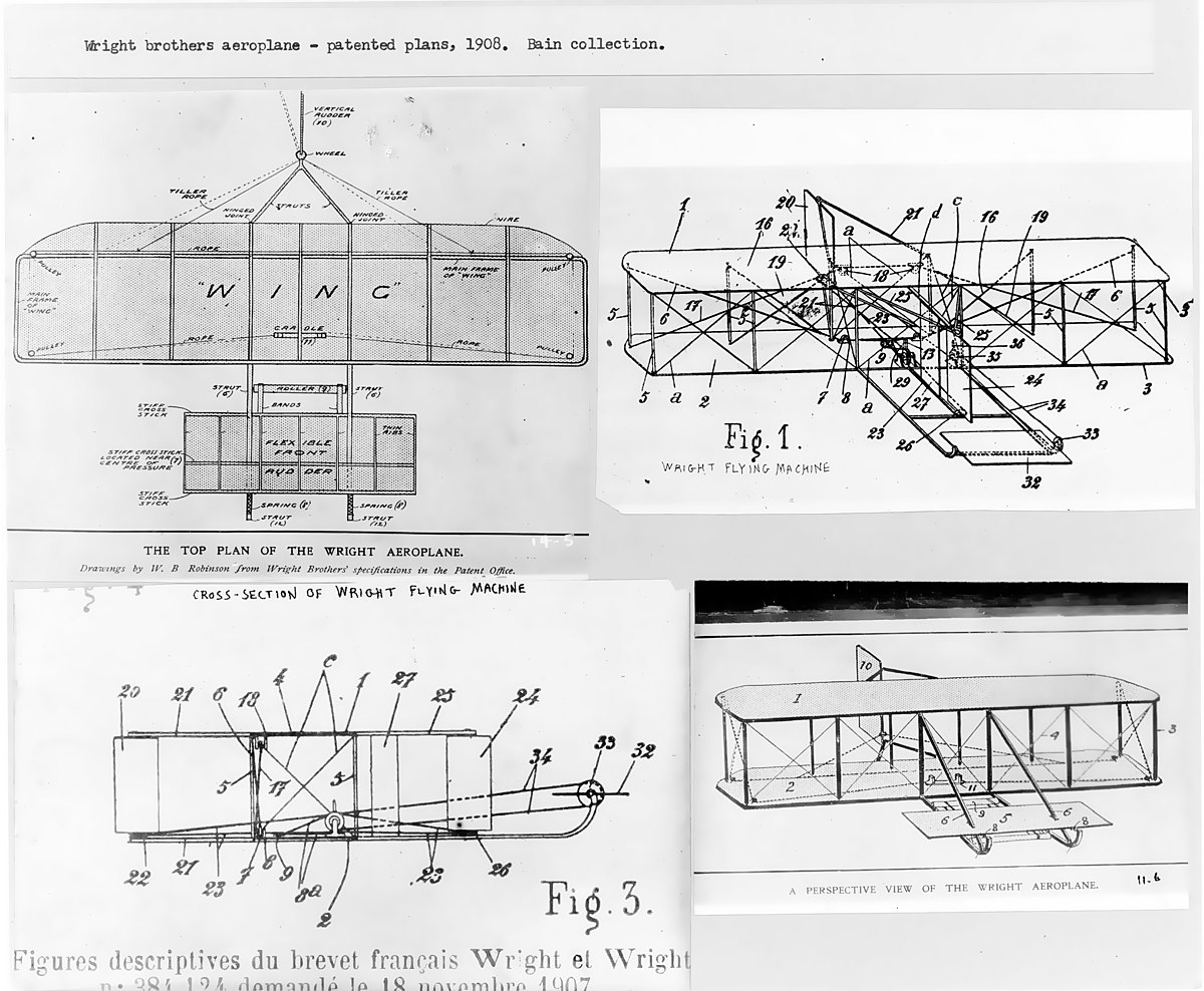 Wright Brothers 1908 flying machine patent drawing showing full set of orthographic views with mechanical details